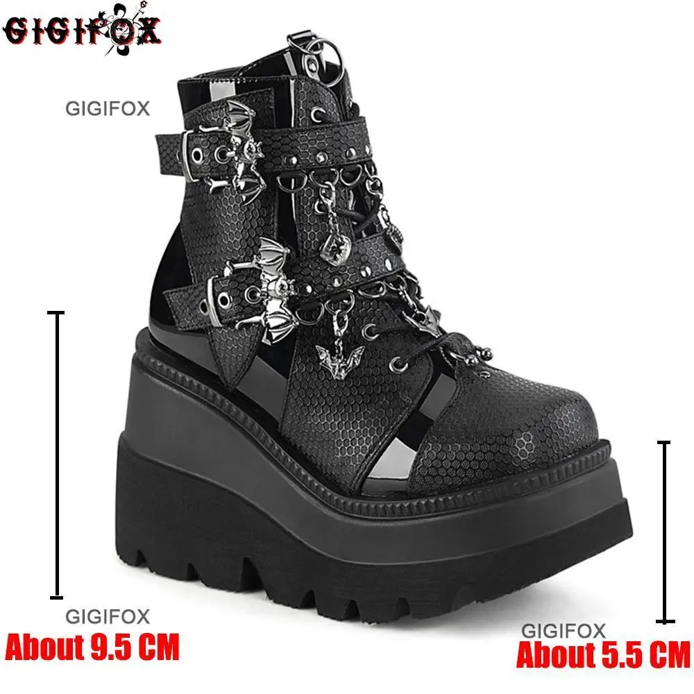 GIGIFOX Platform Ankle Boots For Women Metal Design Lace Up Punk Goth Fashion Boots Y2k Round Head Wedges Shoes Brand Casual