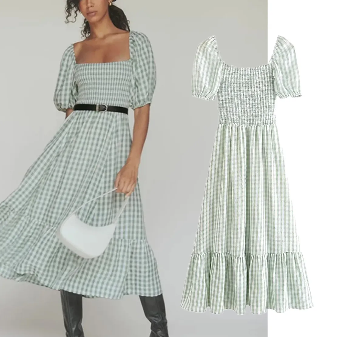 

Винтажное платье-футляр Elmsk 2022 в клетку с квадратным вырезом, повседневное модное вечернее платье во французском стиле для женщин