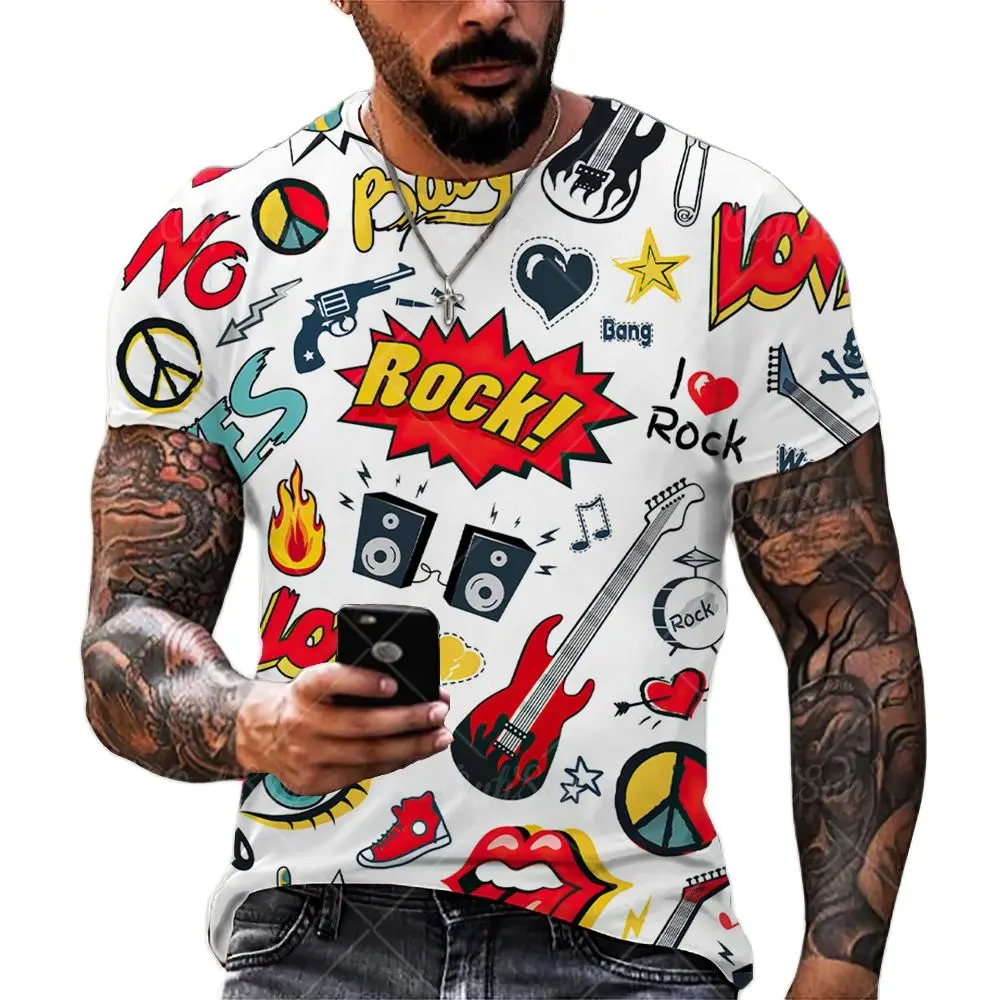 

Music Guitar Printed 3D T-Shirt Unisex Summer Round Neck Loose Rock Short Sleeve Men Clothing Oversized T Shirt Tops Asian Size