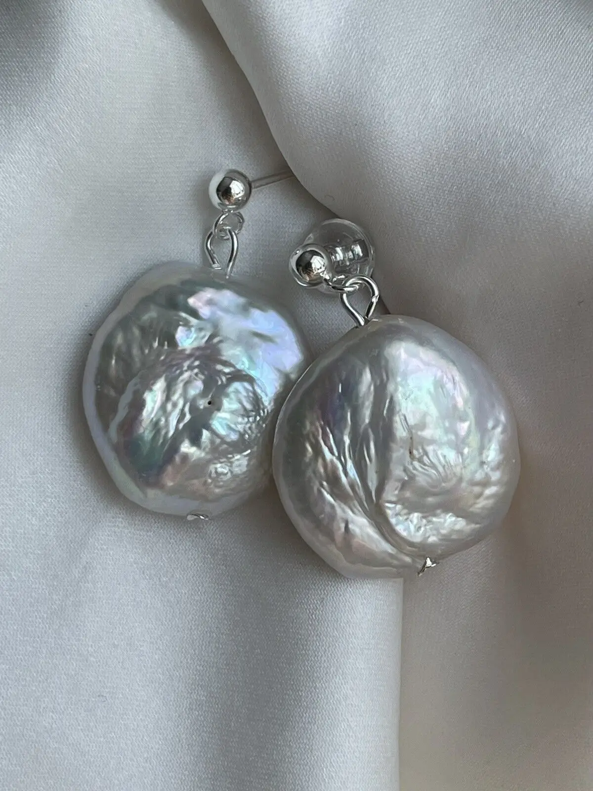 

Large Round Solid 925 Sterling Silver Pearl Drop Stud Earrings