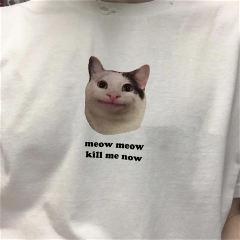 

Футболка женская белая с графическим принтом «Meow Kill Me Now», Y2k