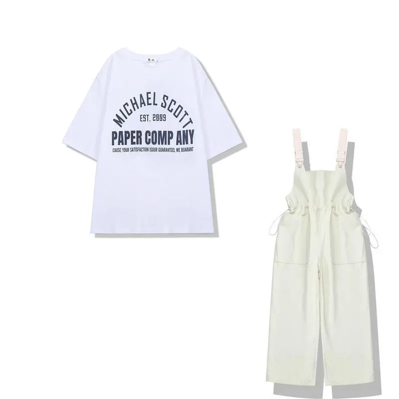 

Women Sleeveless Rompers Two Piece Set Fashion Short Sleeve Tops and Solid Jumpsuit Females Korean Casual Overalls Suit E44