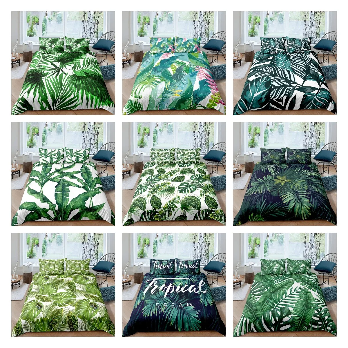 

3 Piece Quilt Covers Palm Leaf Duvet Cover King Size Banana Leaf Bedding Set Hawaiian Tropical Leaves Green Leaf Branches