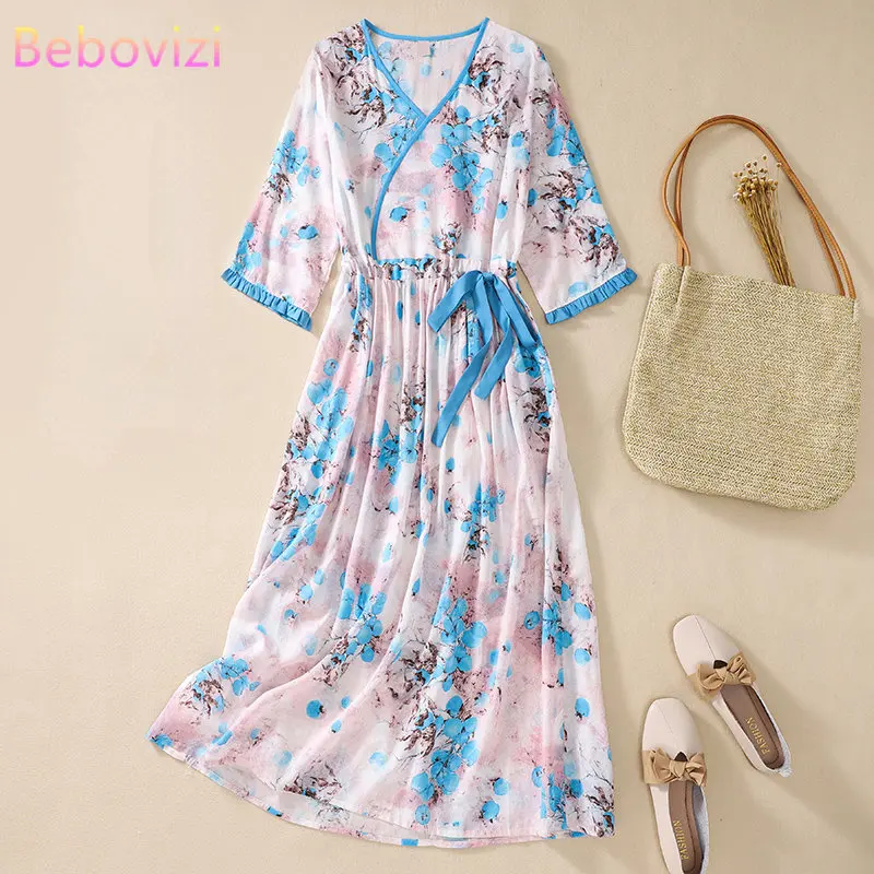 

Женское Повседневное платье из хлопка и льна, свободное платье с V-образным вырезом и узкой талией, новинка 2022