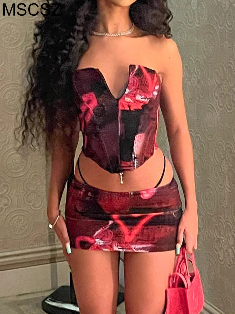 

Zip Up Tube Top And Mini Skirt Sets Sexy Two Piece Club Outfits Tie Dye Print Vacation Beach Outfits For Women 2023