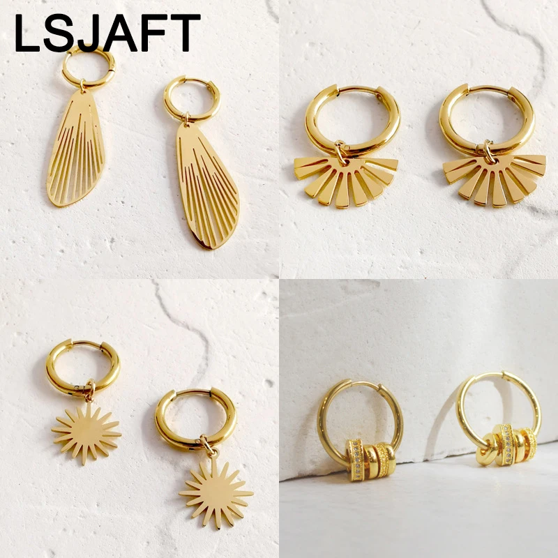 

Fashion Gold Plated Stainless Steel Hollow Fan Sun Leather Dangle Drop Hoop Earrings Women Girls Jewelry Christmas Gift Party