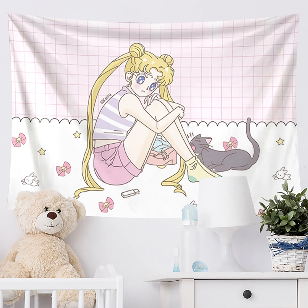 

Гобелен в эстетике аниме макраме, настенный подвесной матрос, ткань на стену, кавайная милая женщина, украшение для спальни для девочки