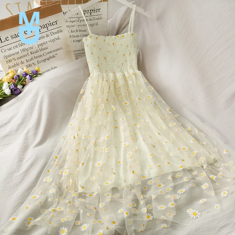 

New Teenager Daisy Mesh Yarn Spaghetti Strap Dress Girls 2022 Summer French Style Pleated Slim Waist Retro Sweet Dresses