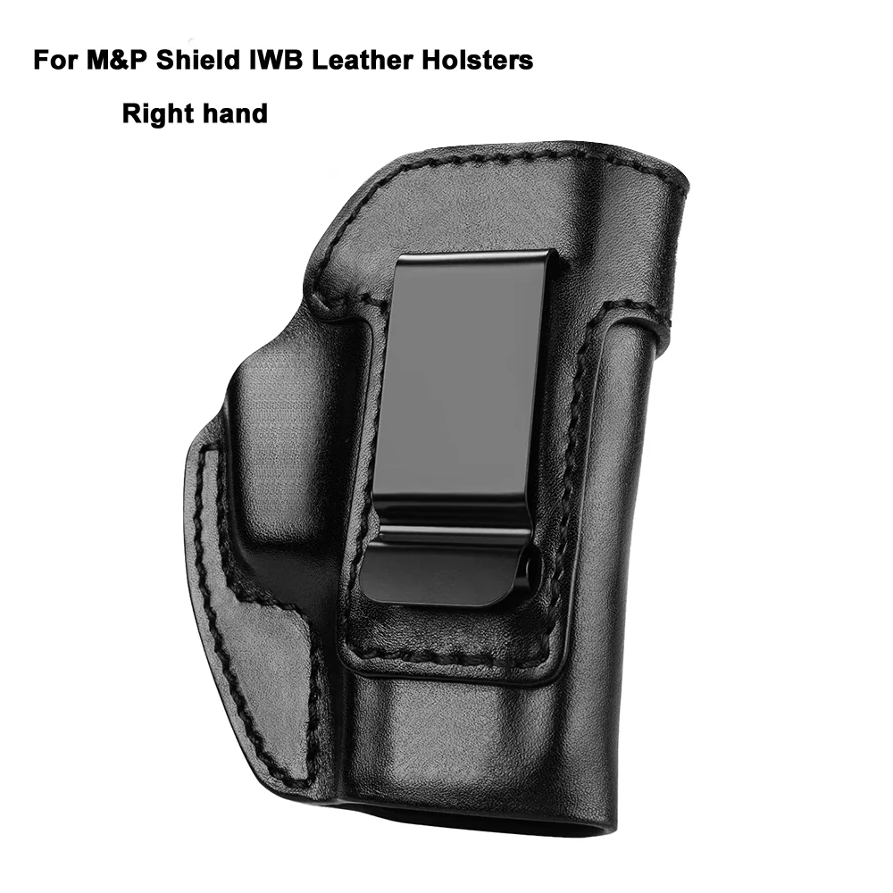 Фото Для S&W M&P Shield 9 мм, кожаные кобуры для пистолетов IWB, сумки для пистолетов для скрытого ношения, коричневый/черный стежок с зажимом для ремня, правая рука №1