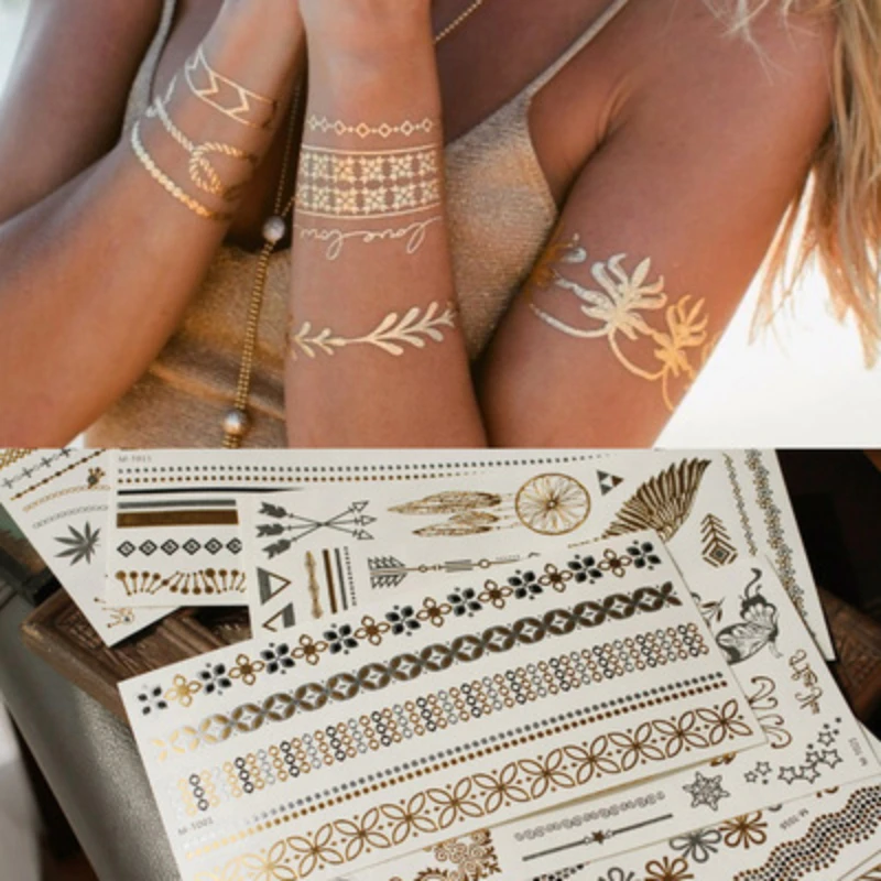 

1PC Summer Style Men Women Body Art Gold Metallic Tattoo Sticker Chain Bracelet Fake Jewelry Waterproof Temporary Tattoo