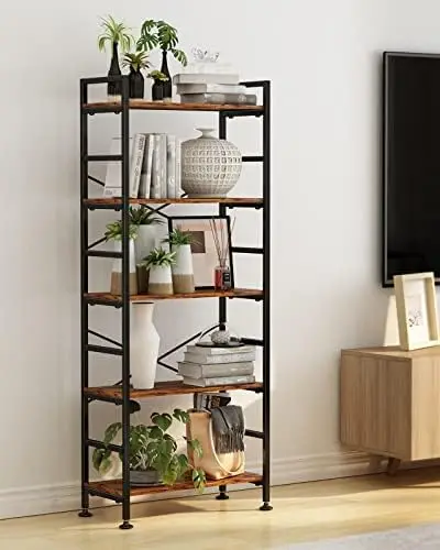 Tall Bookcase, Rustic Wood and Metal Standing Bookshelf, Ind