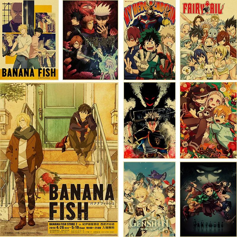 

Anime Posters Jujutsu Kaisen/Chainsaw Man/Banana Fish Retro Kraft Paper Room Bar Cafe Decor Art Wall Painting Poster