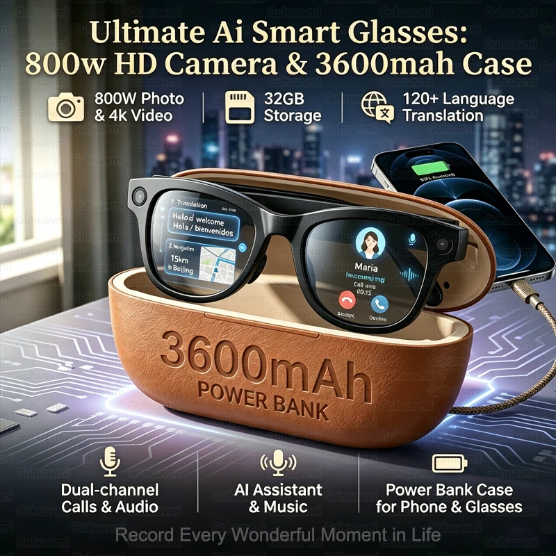Фото Умные очки AI с камерой 800W UHD, внешним аккумулятором 3600 мАч, переводом на 120+ языков, функцией громкой связи, воспроизведением музыки, водонепроницаемые №1