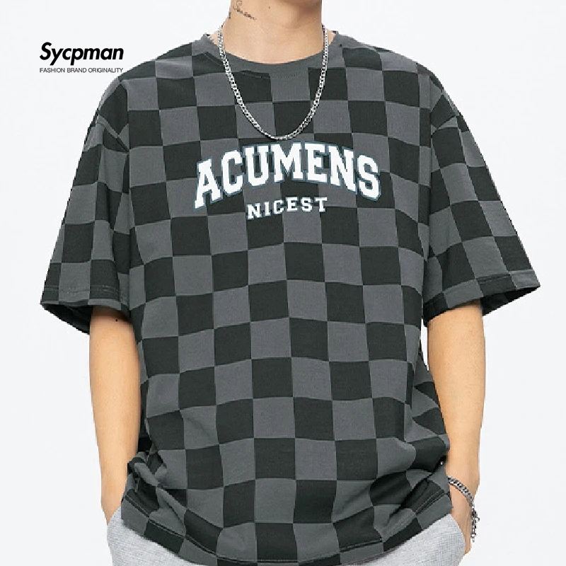 

Checkerboard Printed Short Sleeve Tshirt Mens Summer New Fashion Brand Cotton Loose 2022 Lattice Small Fresh Clothing