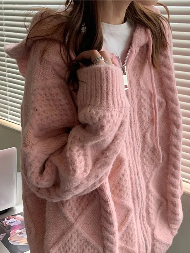 HOUZHOU Korean Fashion Knit Cardigan Women 2022 Autumn Winter Casual Loose Zipper Hooded Thick Sweater Coat Long Sleeve Pink Top