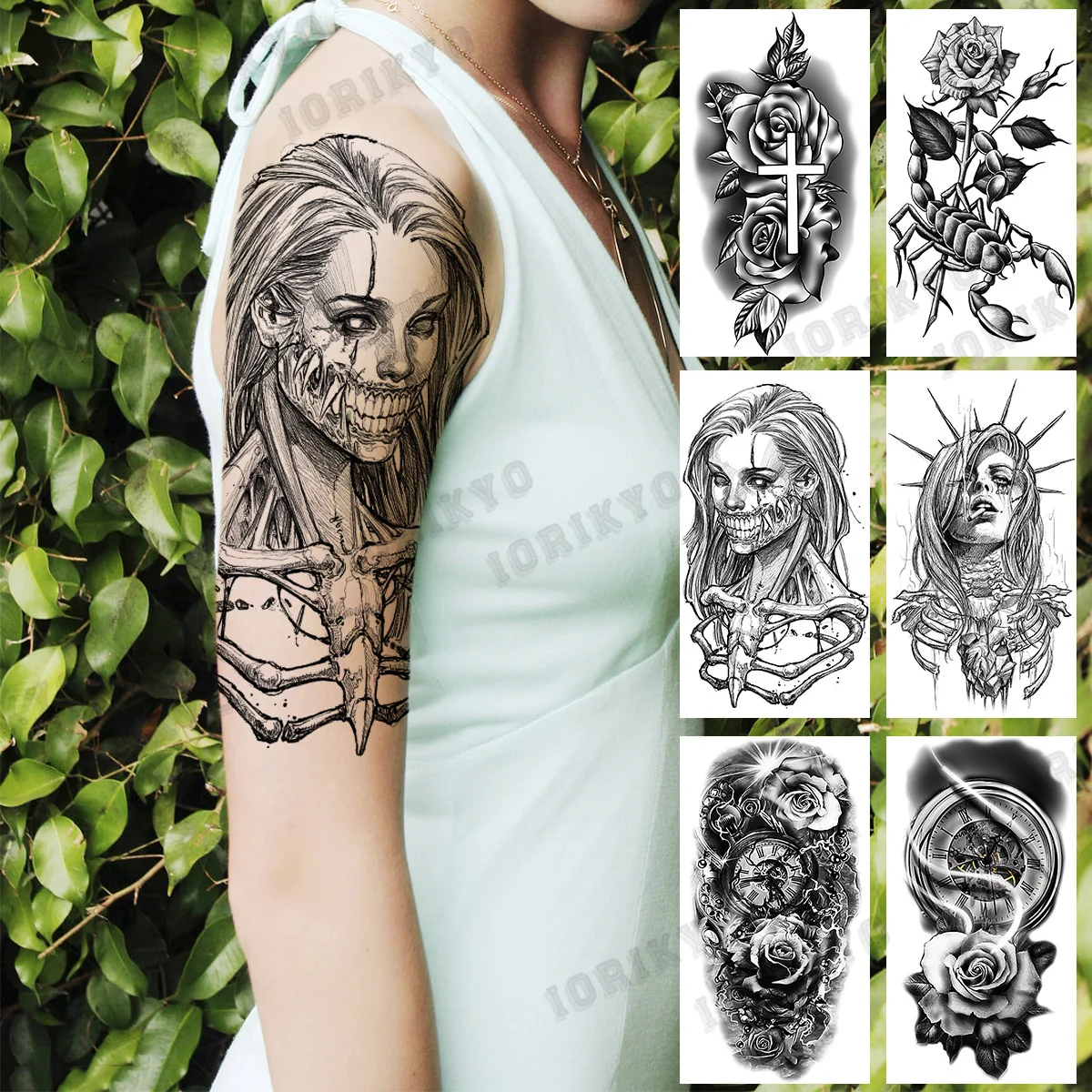 

Vampire Skull Frame Temporary Tattoos For Women Adult Rose Flower Compass Cross Scorpion Fake Tattoo Washable Half Sleeve Tatoos