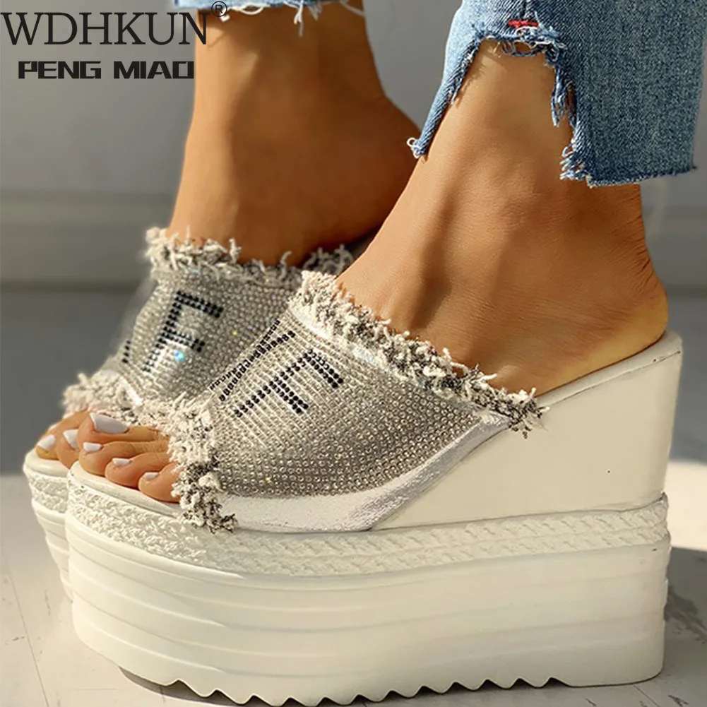 

Newest Drop Ship Crystals Wedges High Heels Leisure Summer Sandal Woman Shoes Women Platform Mules Slippers 2022