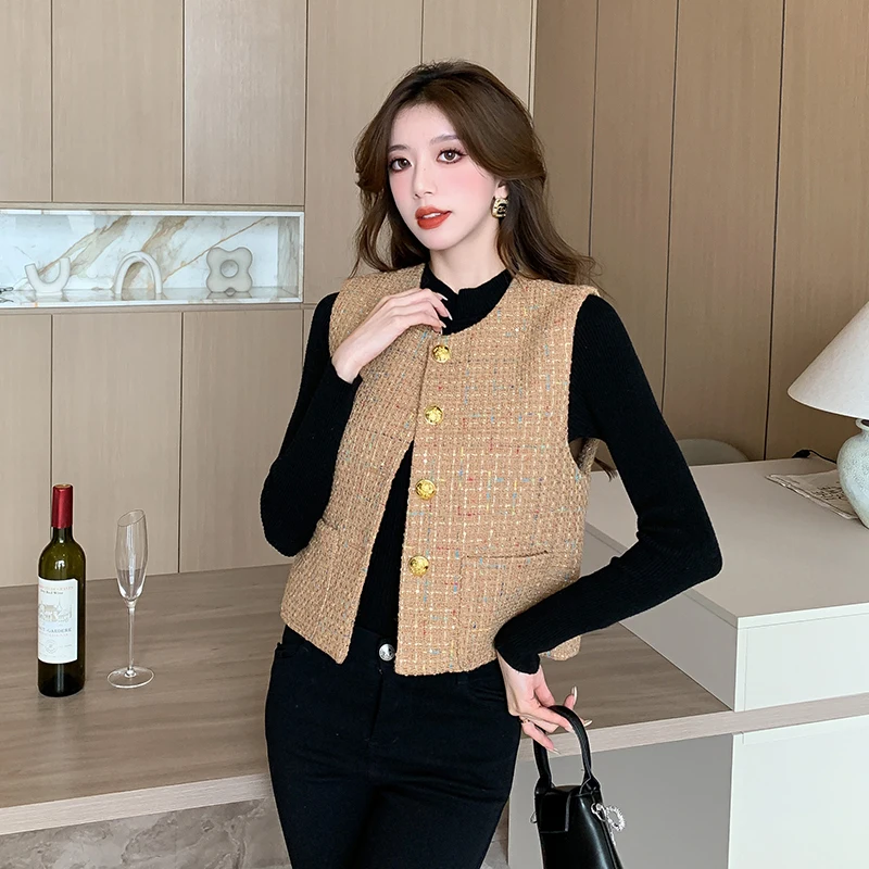 

Женский твидовый жилет без рукавов, элегантный роскошный короткий топ во французском стиле, верхняя одежда