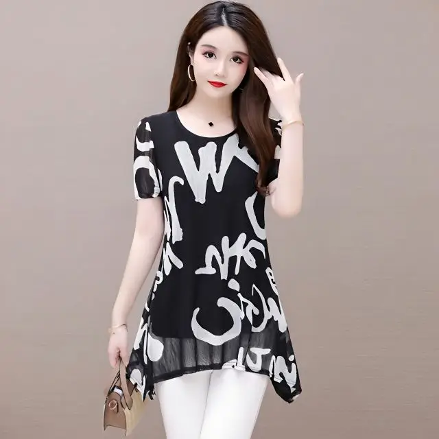 

New Female Blouse Korean 2023 Summer Short Sleeve Printing Chiffon Women Shirt Casual Loose Slim Shirts O-neck Women Blouse A37