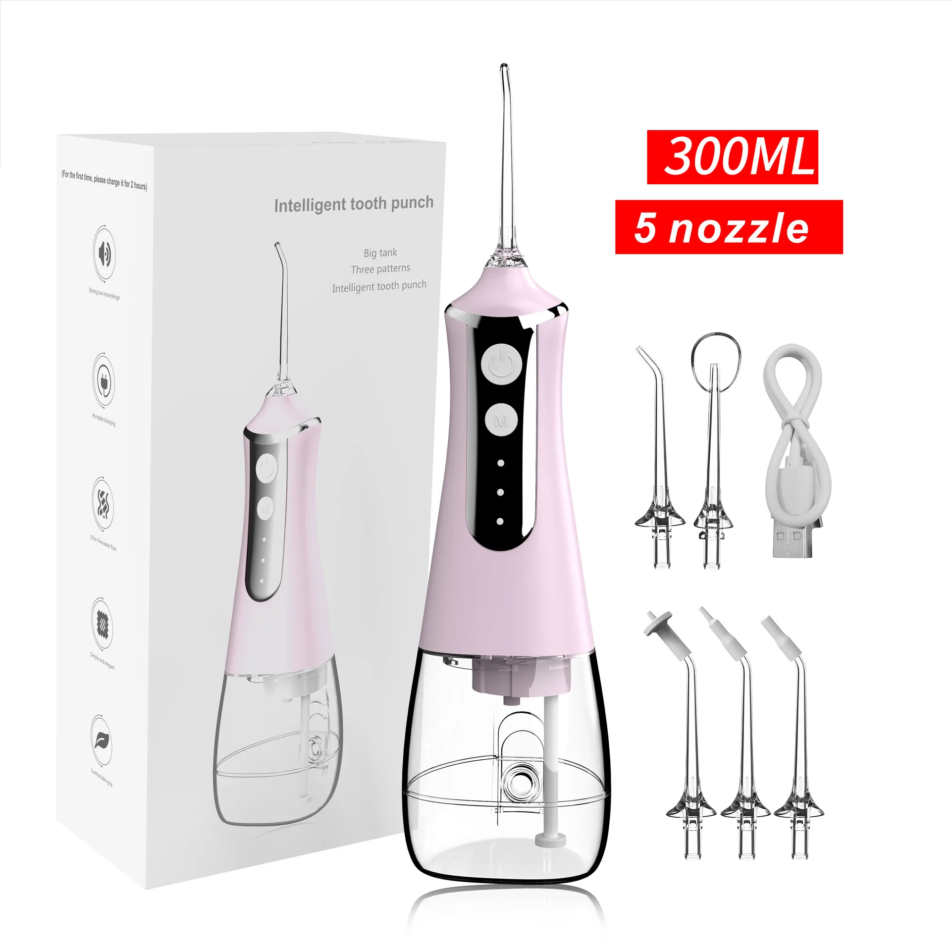 Portable Oral Irrigator with Travel Bag Water Flosser USB Rechargeable 5 Nozzles Water Jet 300ml Water Tank Waterproof IP6