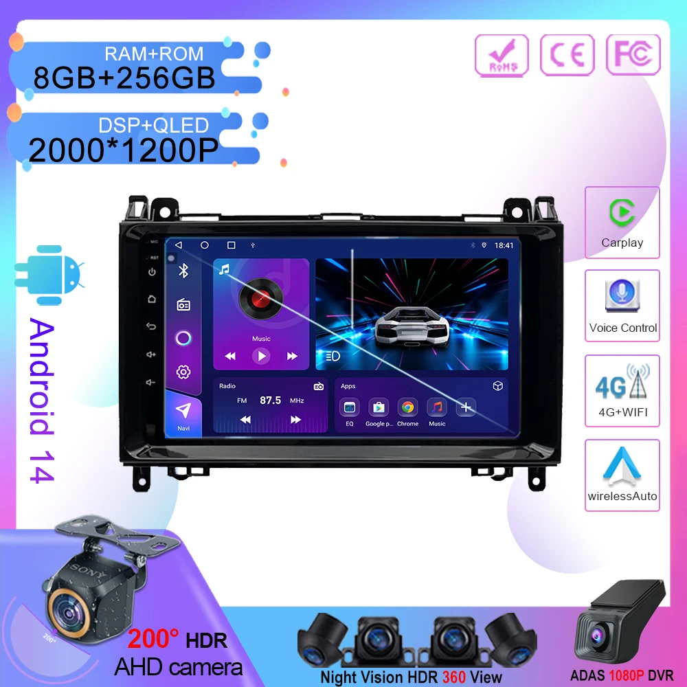 Автомобильный Android 14 для Mercedes Benz B200 A B Class W169 W245 Viano Vito W639 Sprinter W906 Автоматический