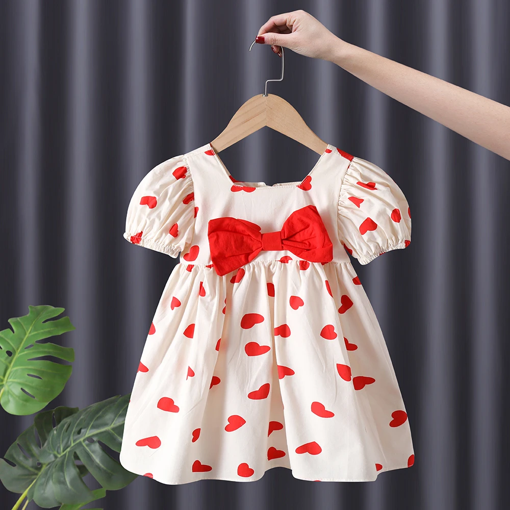 

Summer Clothes Girls Dress Puff Sleeve Cute Bow and Heart Printed Cotton Dress Short Sleeve Toddler Kids Girl Dresses Vestidos