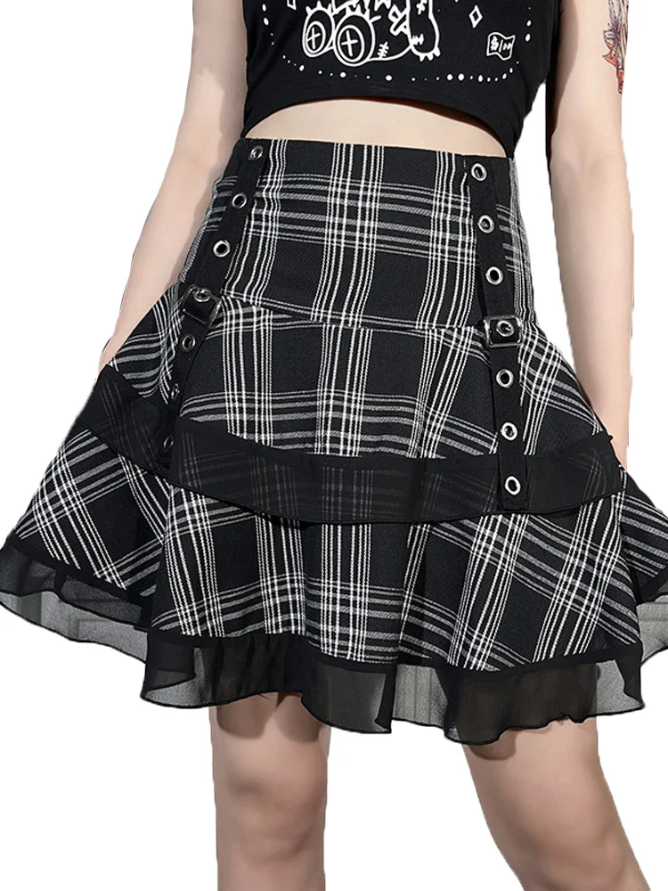 Harajuku черная клетчатая Готическая винтажная мини-юбка с высокой талией шифоновая
