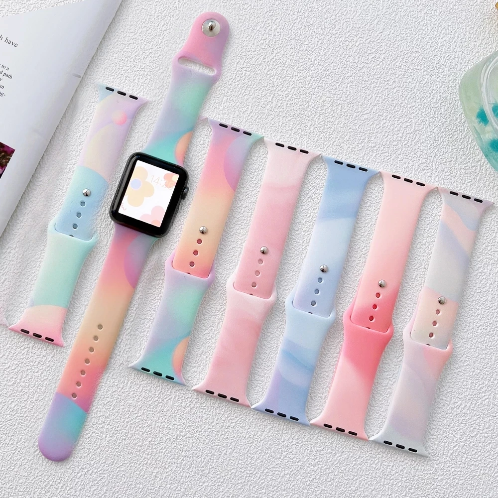 

Gradient Printing Strap For Apple Watch Band 49mm 44mm 40mm 38mm 42mm 45mm 41mm Silicone Bracelet iWatch 8 7 6 5 4 3 SE Ultra