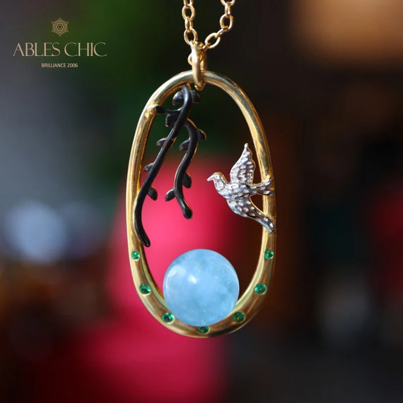 18K Gold and Black Tone Sterling Silver Natural Aquamarine Crystal Bird and Branch Pendant Necklace L1S2N31119
