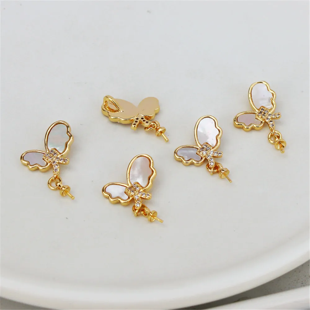 

14k gold inlaid zircon shell 10 * 15mm butterfly pendant with hatpin diy bracelet necklace pendant
