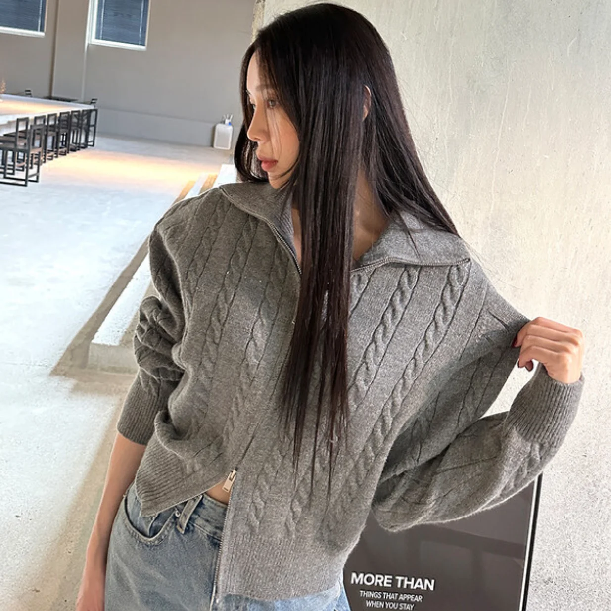 Корейский Sle Ретро Элегантный воротник-стойка Свободный повседневный вязаный