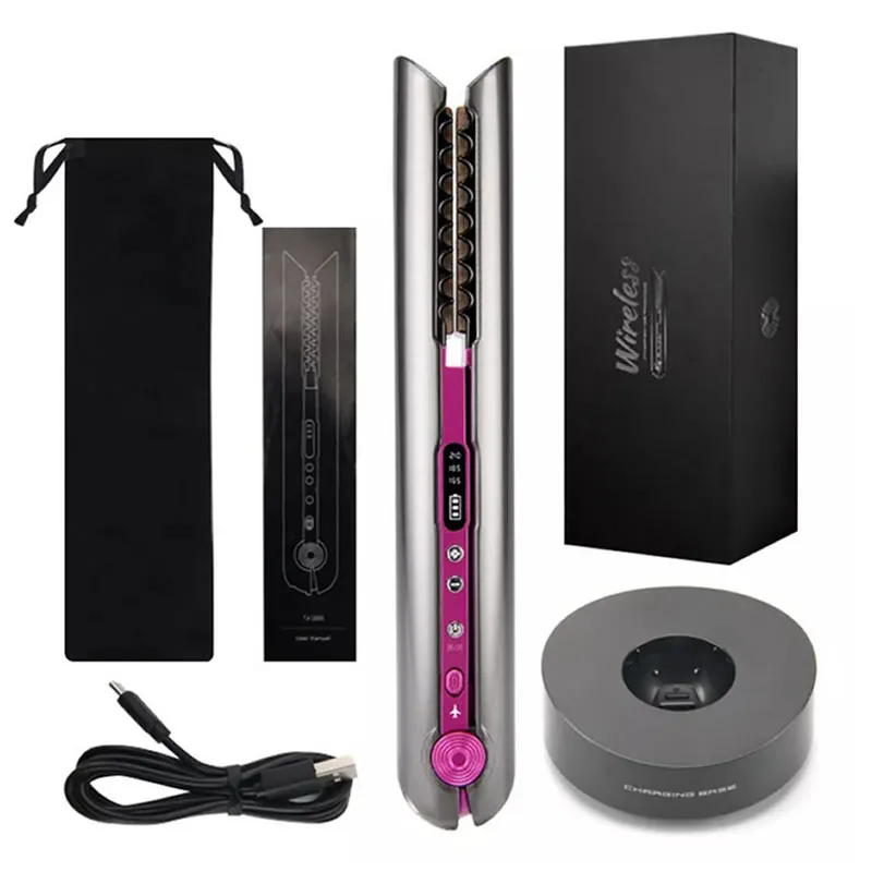 Mini 2 IN 1 RollerFlat Iron USB 4800mah Wireless Hair Straightener with Charging Base Portable Cordless Curler Dry and Wet Uses