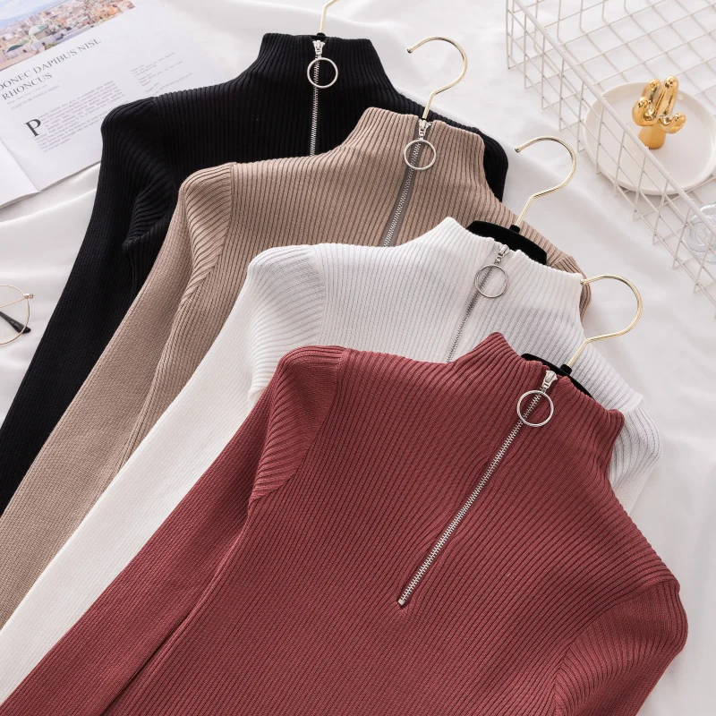 

Autumn Winter Women Korean Zipper Pullover Sweater Knitted Solid Long Sleeve Pull Femme Slim Jumper Sweaters Tops