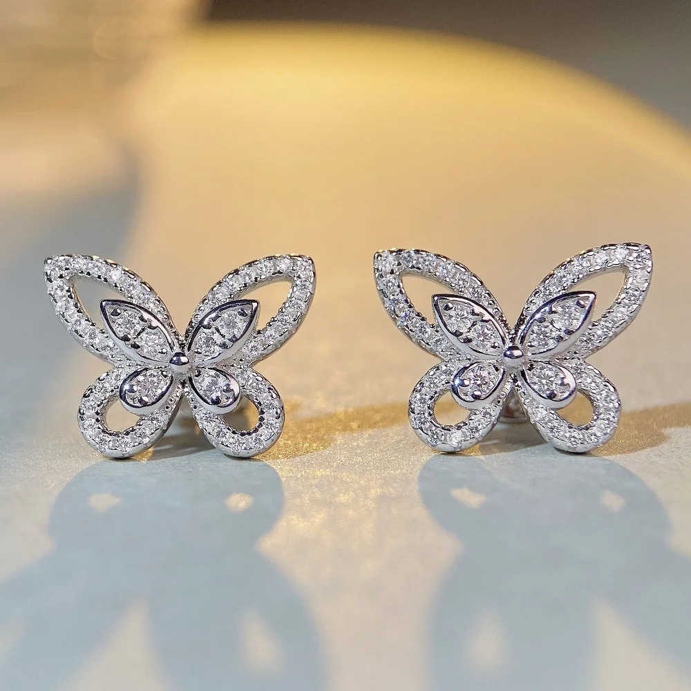 

2023 New Fashion 925 Sterling Silver Butterfly Earrings Dazzling Moissanite Small Ear Stud Elegant Wedding Engagement Jewelry