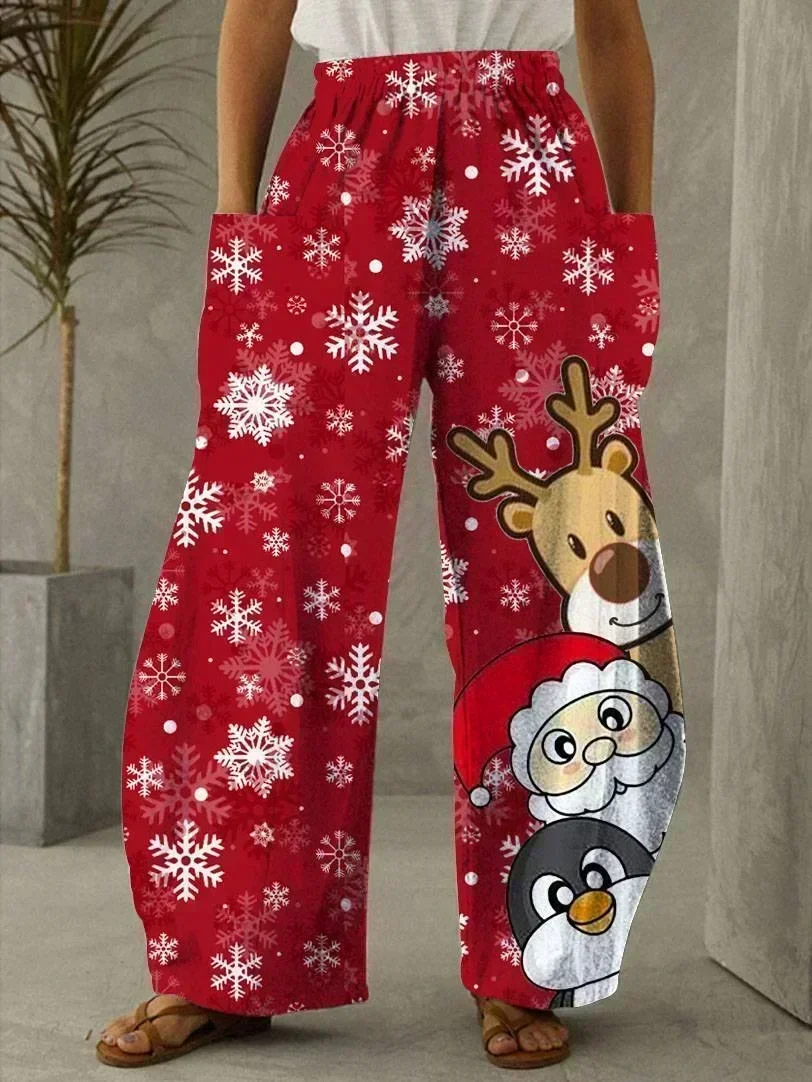 

Christmas Pants Women Fashion Joggers Santa Claus 3d Print Wide-leg Pants High-waist Bloomer Casual Trousers Sports Sweatpants