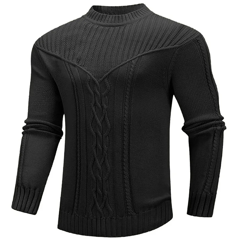 Europe America Men's Sweater Solid Round Neck Twisted Knitting Top Autumn Winter Vintage Basic Warm Knitwear for Men Slim Fit