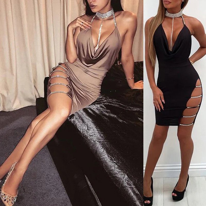 

Women Sexy Halter Sequin Dress Backless Metallic Bandage Club Bodycon Dress Mini Party Dresses Ladies Clothing Costume Clubwear