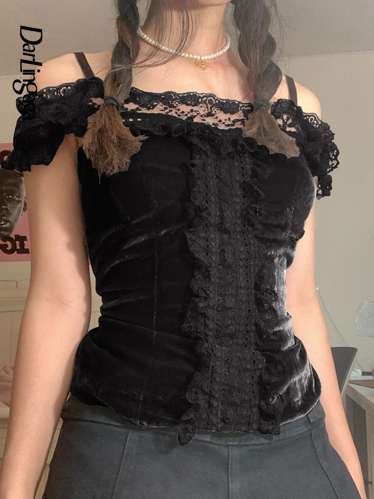 

Darlingaga Y2K Retro Fashion Grunge Fairycore Lace Patchwork Summer T-shirts for Women Off Shoulder Crop Top Dark Academia Tees