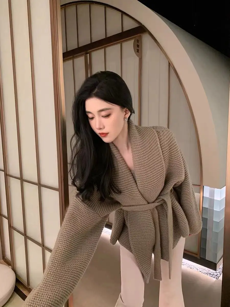 

Knitted V-Neck Fashion Cardigans Women's Sweaters Slim with Belt Long Sleeve Lace Up Cardigan Female 2023 Winter Autumn A121