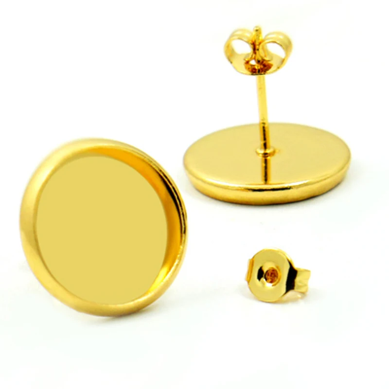 

(Never Fade) 10pcs 8mm Gold Color Stainless Steel Earring Base Studs Ear Cameo Settings Cabochon Base Tray Blank (With Back)