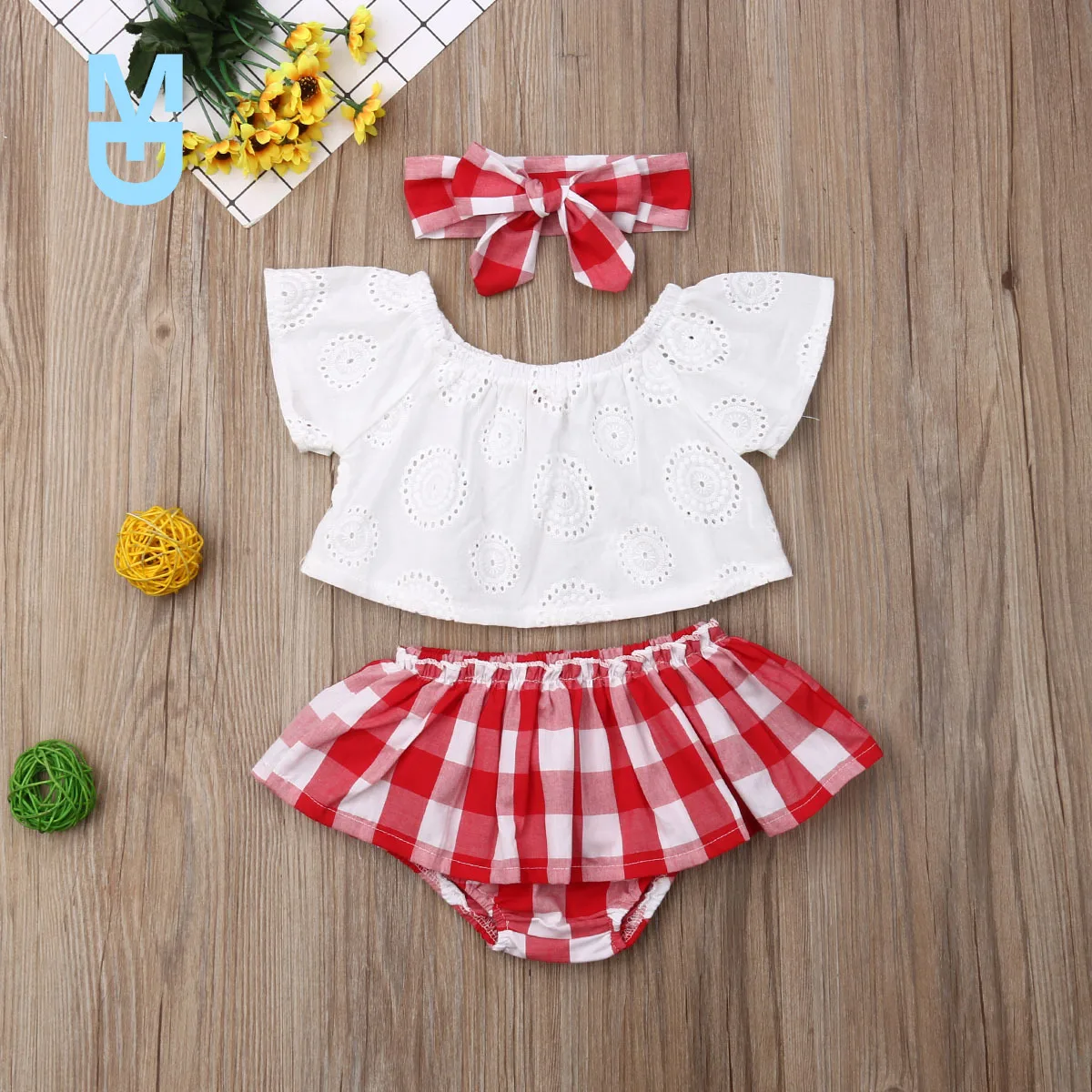 

New Emmababy born Baby Girl Clothes Off Shoulder Crop Tops+Plaid Short Dress+Headband Outfits Baby Summer Clothing 0-24M