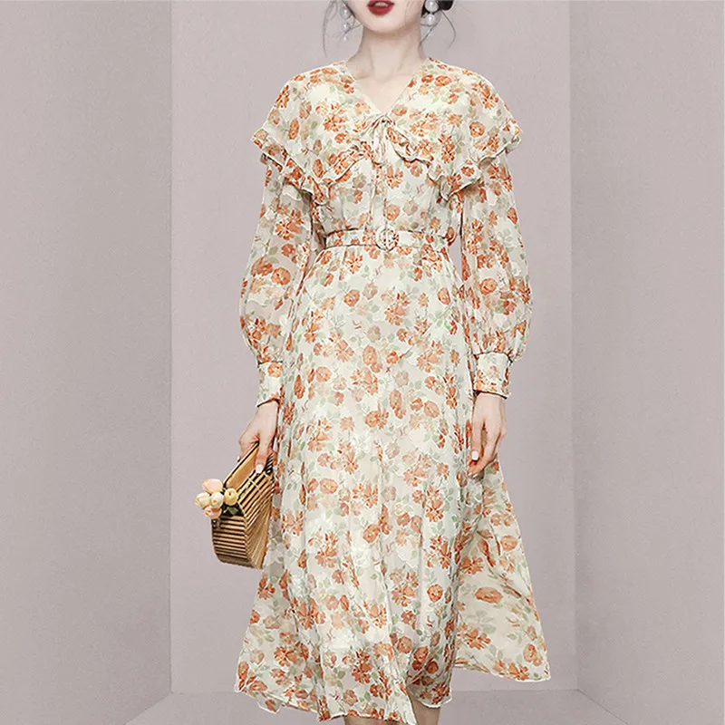 

Женское винтажное шифоновое платье-трапеция с оборками, воротником «Питер Пэн» и длинными рукавами-фонариками