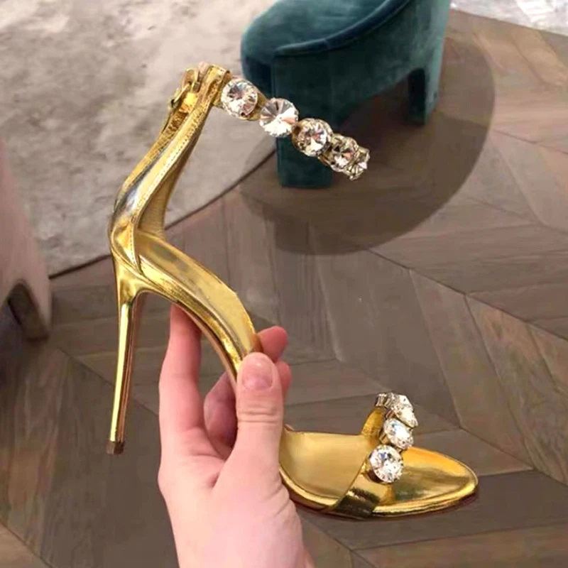 

Big Bling Rhinestone Strap Gold Leather Sandals Summer Stiletto Heel Peep Toe Buttons Studs Crystal Cutout Women Wedding Shoes