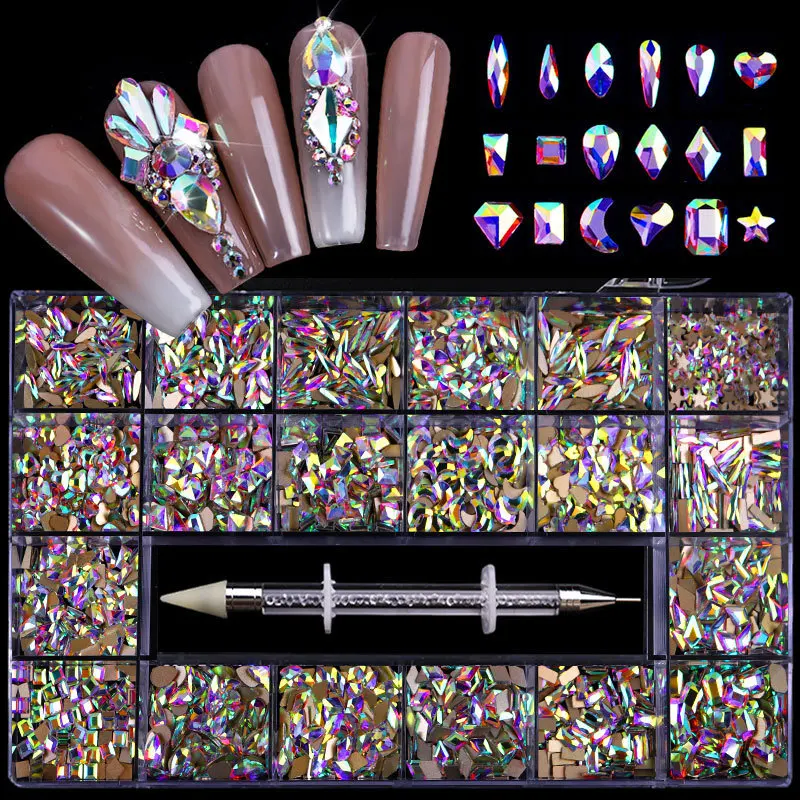 

1000Pcs/Box Mixed AB Glass Crystal Diamond And SS4-SS20 Flatback Nail Art Rhinestone Set In Grids 21 Shape With 1 Pick Up Pen