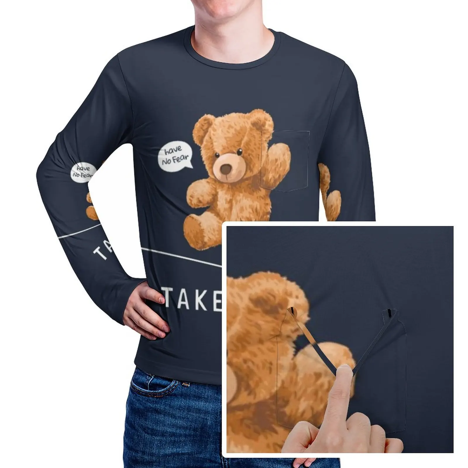 

Bear Toy Walking On String T-Shirt Have No Fear Take Risk Novelty T Shirts With Pocket Long Sleeve Design Tops Fun Big Size Tees