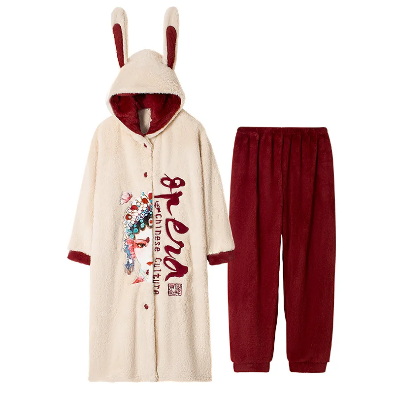 Winter Coral Fleece Long Robe Pajamas Two Piece Set Cartoon Sleepwear Hooded Bathrobe Thickened Flannel Homewear