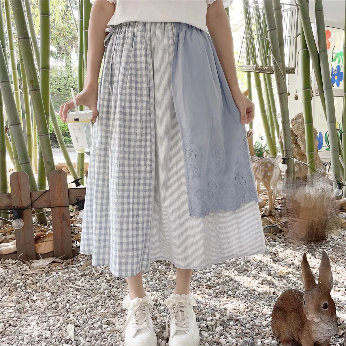 

Mori Girl Blue Stripe Plaid Elastic Waist Skirt Loose Casual Cotton Linen Skirts Women