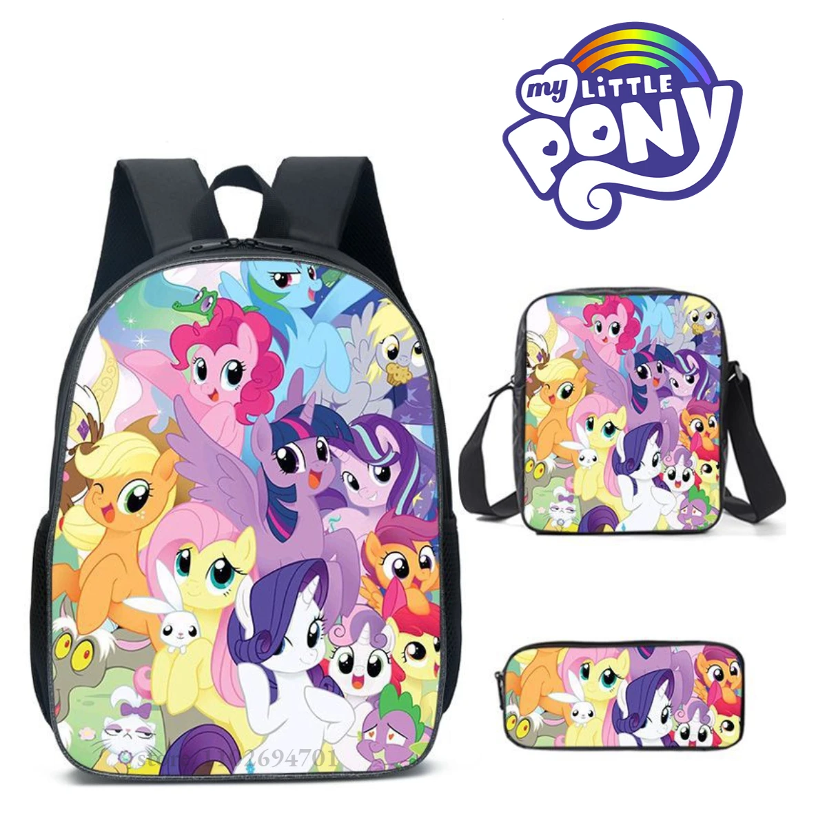 3x Set My Little Pony Backpack + Shoulder Bag + Pencil Case, Kawaii Travel Bags Schoolbag Kids Toy Gift for Baby Boy Girls