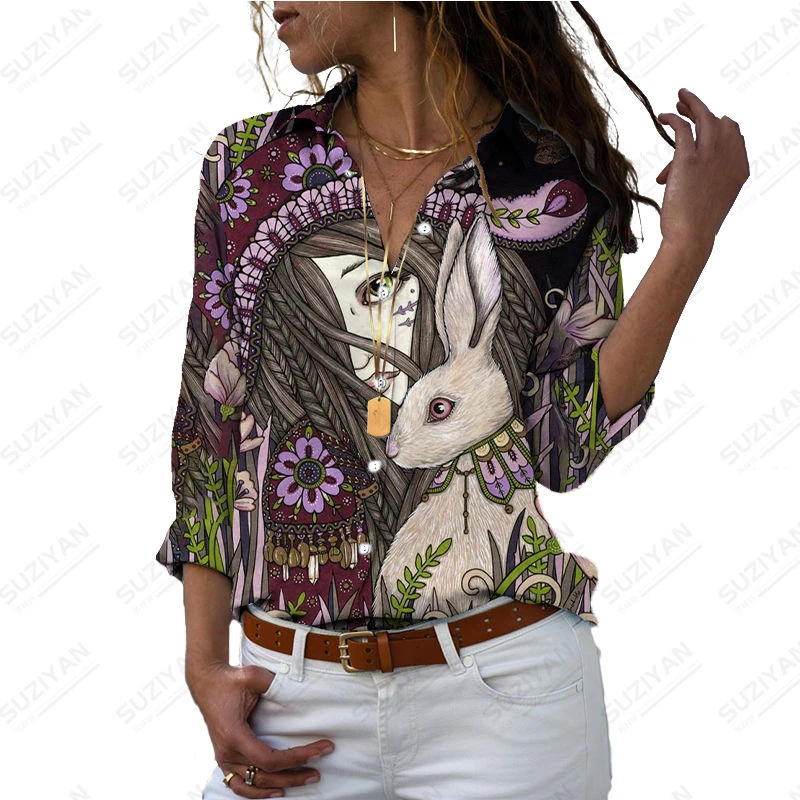 

Spring Autumn 2023 Fashion New Portrait Cat 3D Print Shirt Button Lapel Cardigan Top Women's Vintage Street Long Sleeve Shirt