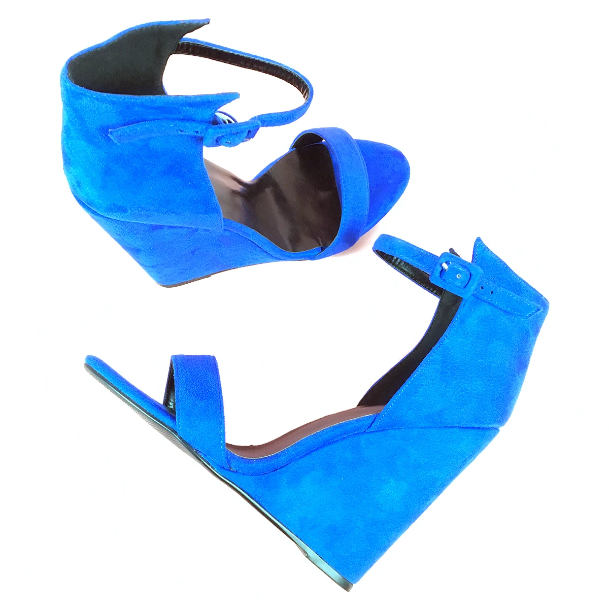 Фото Женские синие босоножки на танкетке с ремешком на щиколотке, с открытым носком, замшевые, летние, на высоком каблуке, для вечеринок и торжественных мероприятий №4